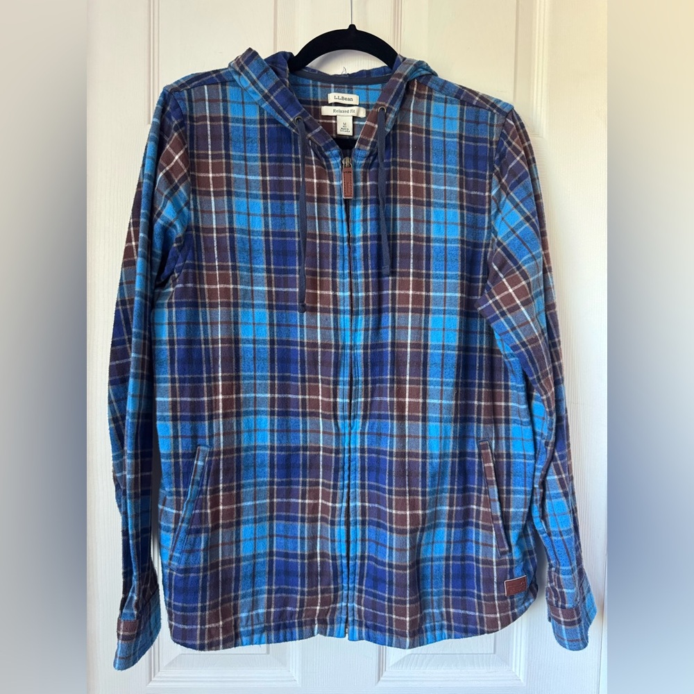 L.L. Bean Blue and Brown Plaid Zip-Front Hoodie